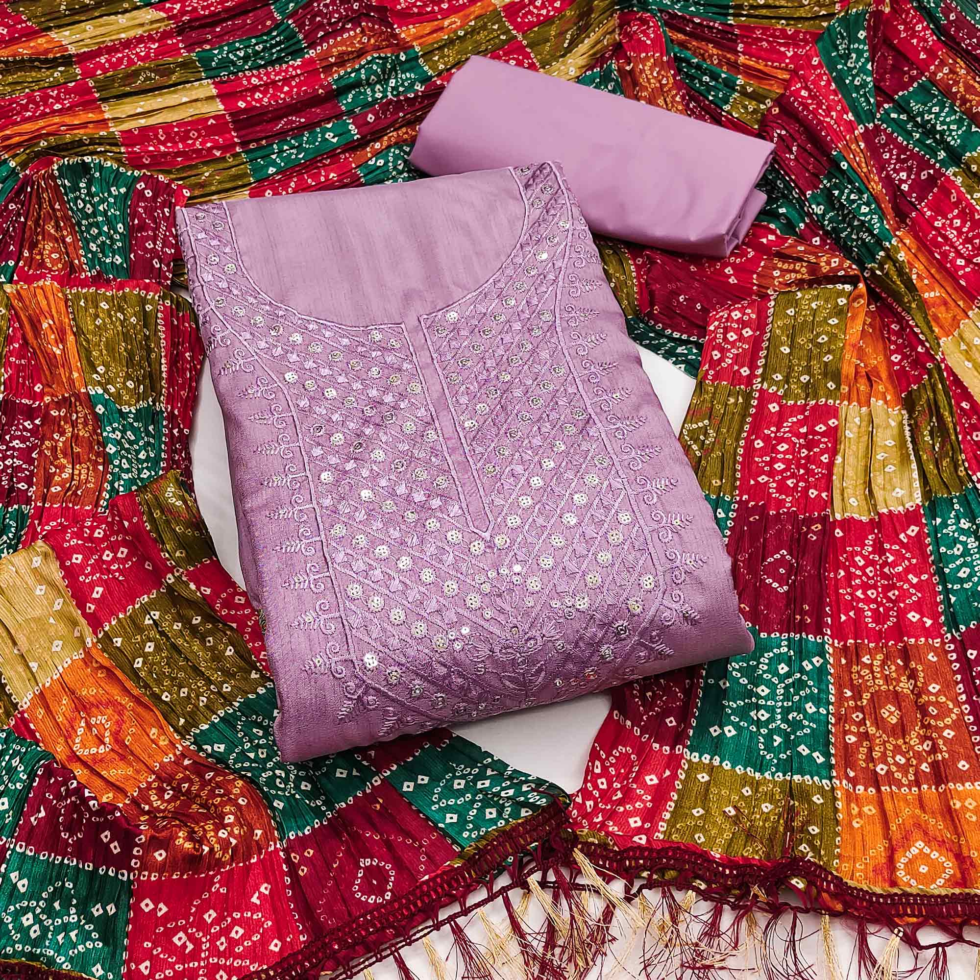 Light Purple Cotton Blend Suit Material with Soft Floral Embroidery