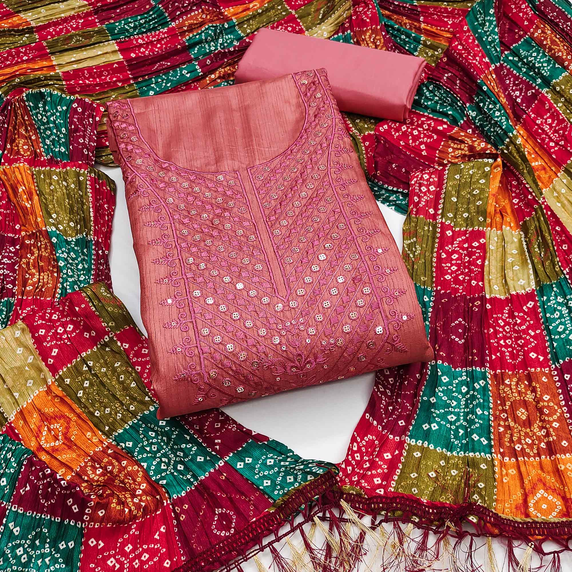 Pink Cotton Blend Suit Material with Soft Floral Embroidery