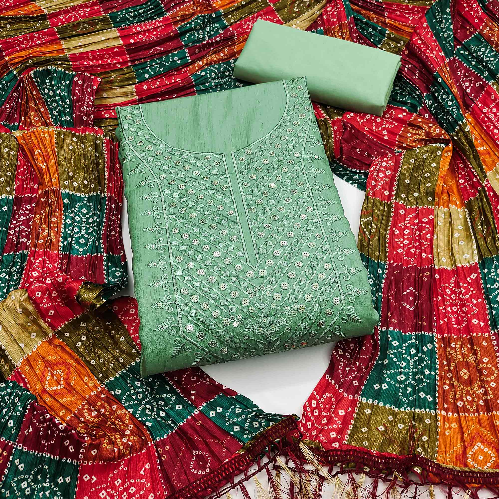 Sea Green Cotton Blend Suit Material with Soft Floral Embroidery