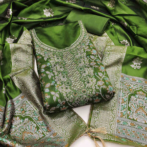 Unstitched Green Jacquard Dress Set with Traditional Zari Weaving