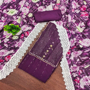 Deep Purple Cotton Blend Suit Material Enhanced with Sequins Embroidery