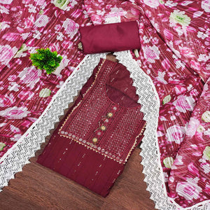 Maroon Cotton Blend Suit Material Enhanced with Sequins Embroidery
