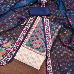 Off-White & Blue Organza Dress Material with Elegant Floral Prints