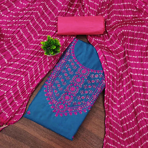 Unstitched Teal Cotton Dress Material Enhanced with Thread Embroidery