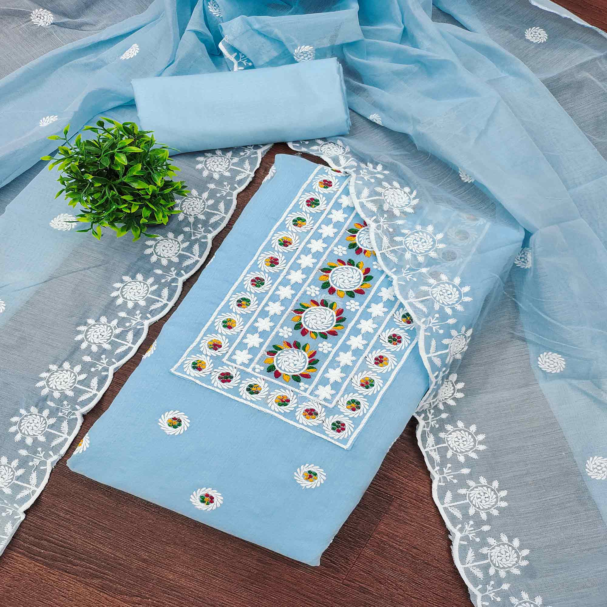 Blue Embroidered Cotton Blend Suit Fabric with Soft Floral Detailing