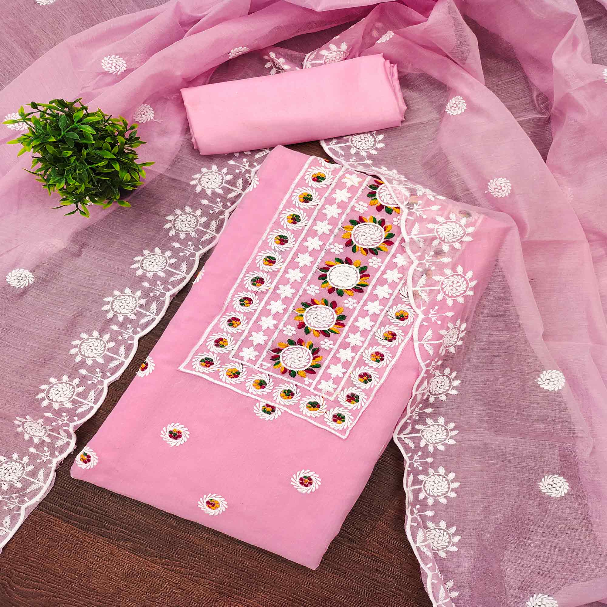 Pink Embroidered Cotton Blend Suit Fabric with Soft Floral Detailing