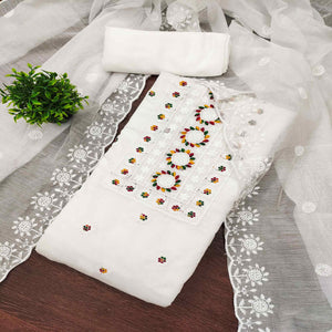 White Embroidered Cotton Blend Suit Fabric with Soft Floral Detailing