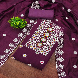 Wine Embroidered Cotton Blend Suit Fabric with Soft Floral Detailing