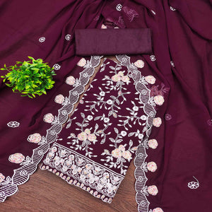 Wine Georgette Dress Material Highlighted With Floral Thread Embroidery