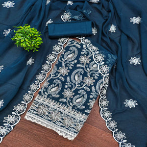 Blue Georgette Dress Material Highlighted With Paisley & Floral Thread Embroidery