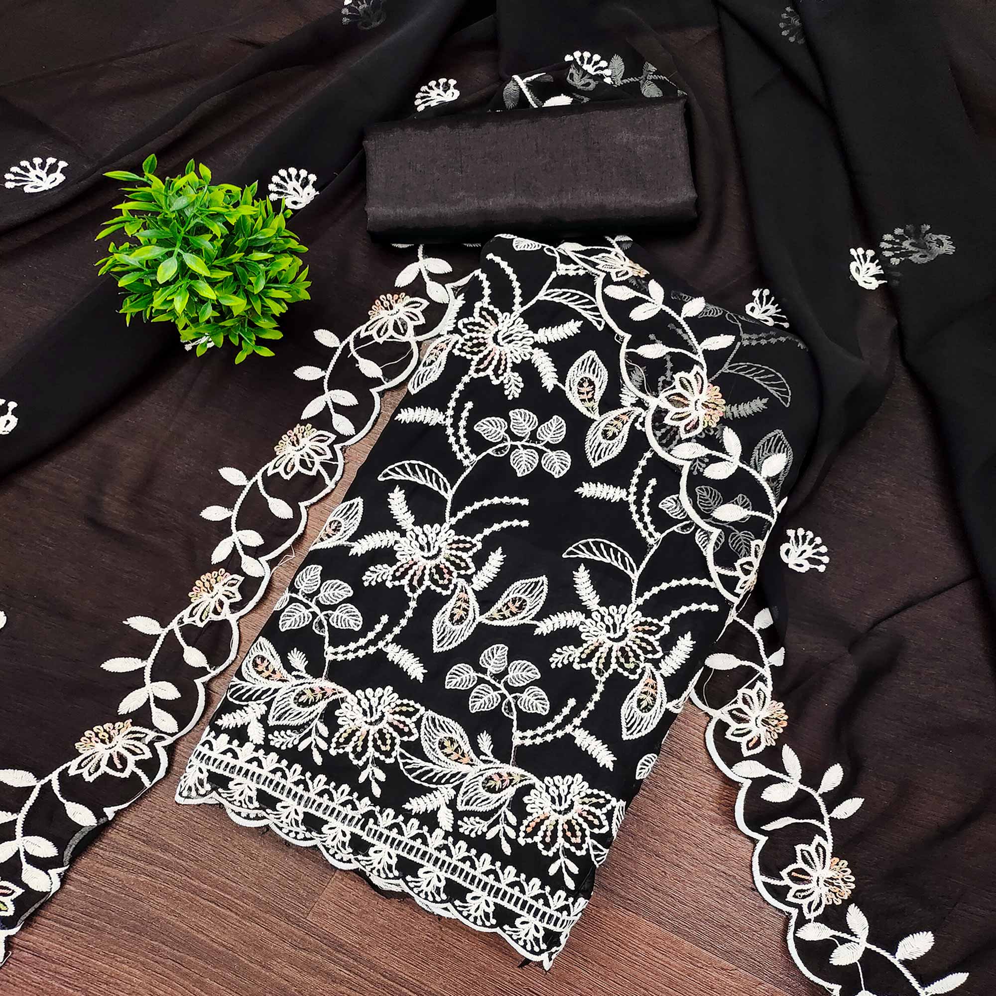 Black Georgette Dress Material Accented With Floral Thread Work