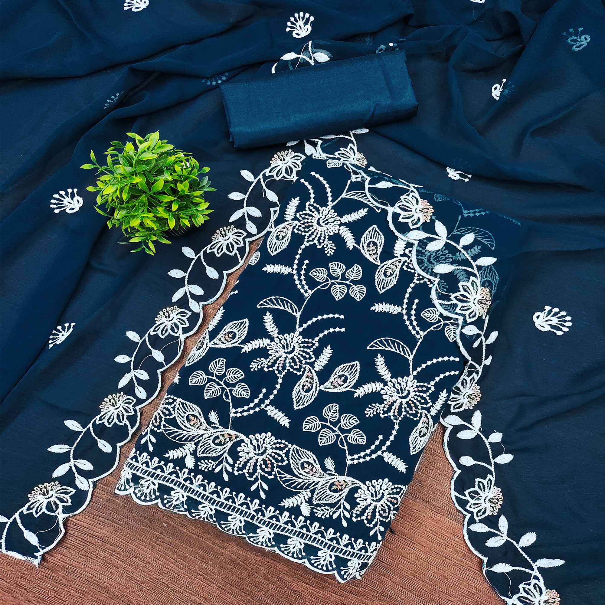 Blue Georgette Dress Material Accented With Floral Thread Work