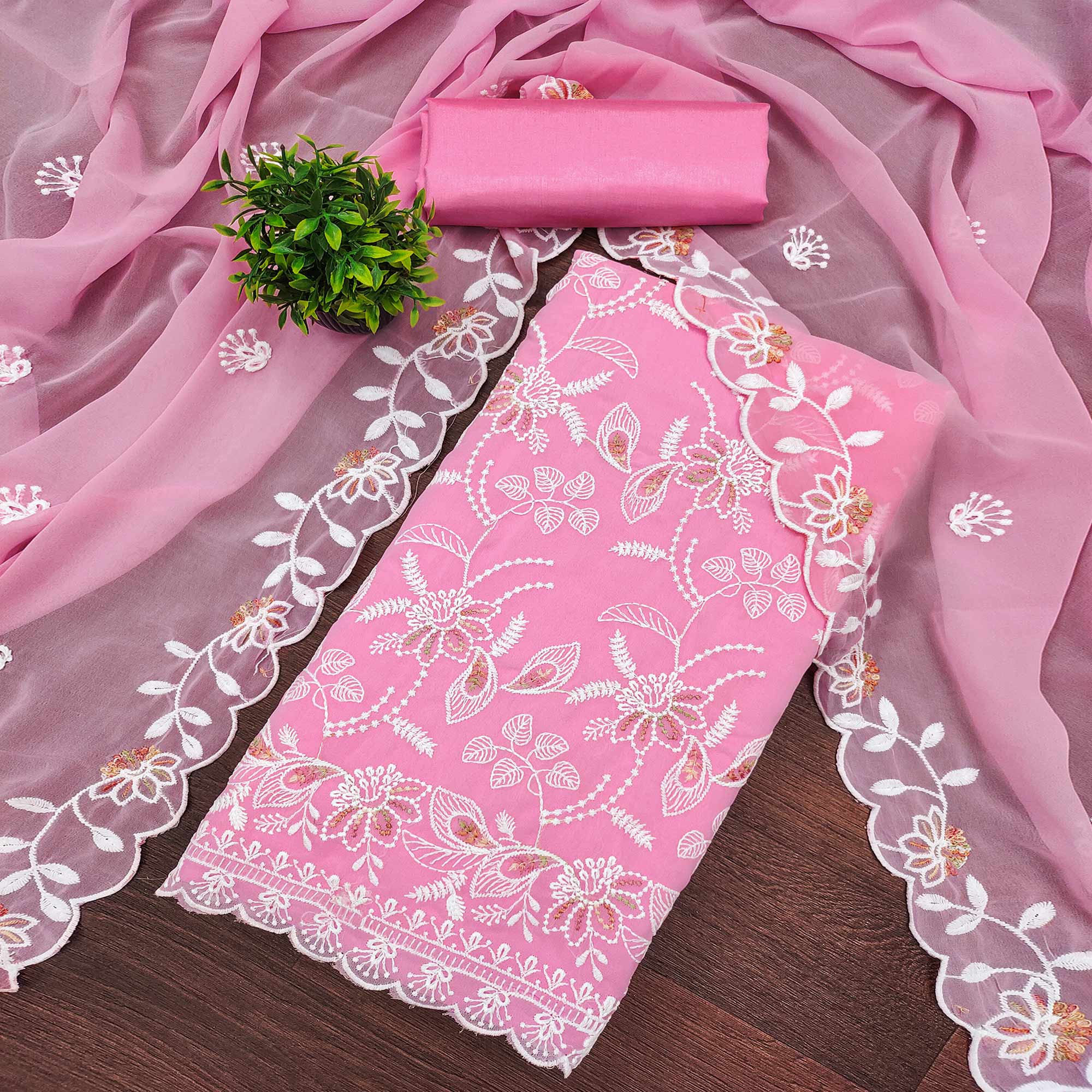 Pink Georgette Dress Material Accented With Floral Thread Work