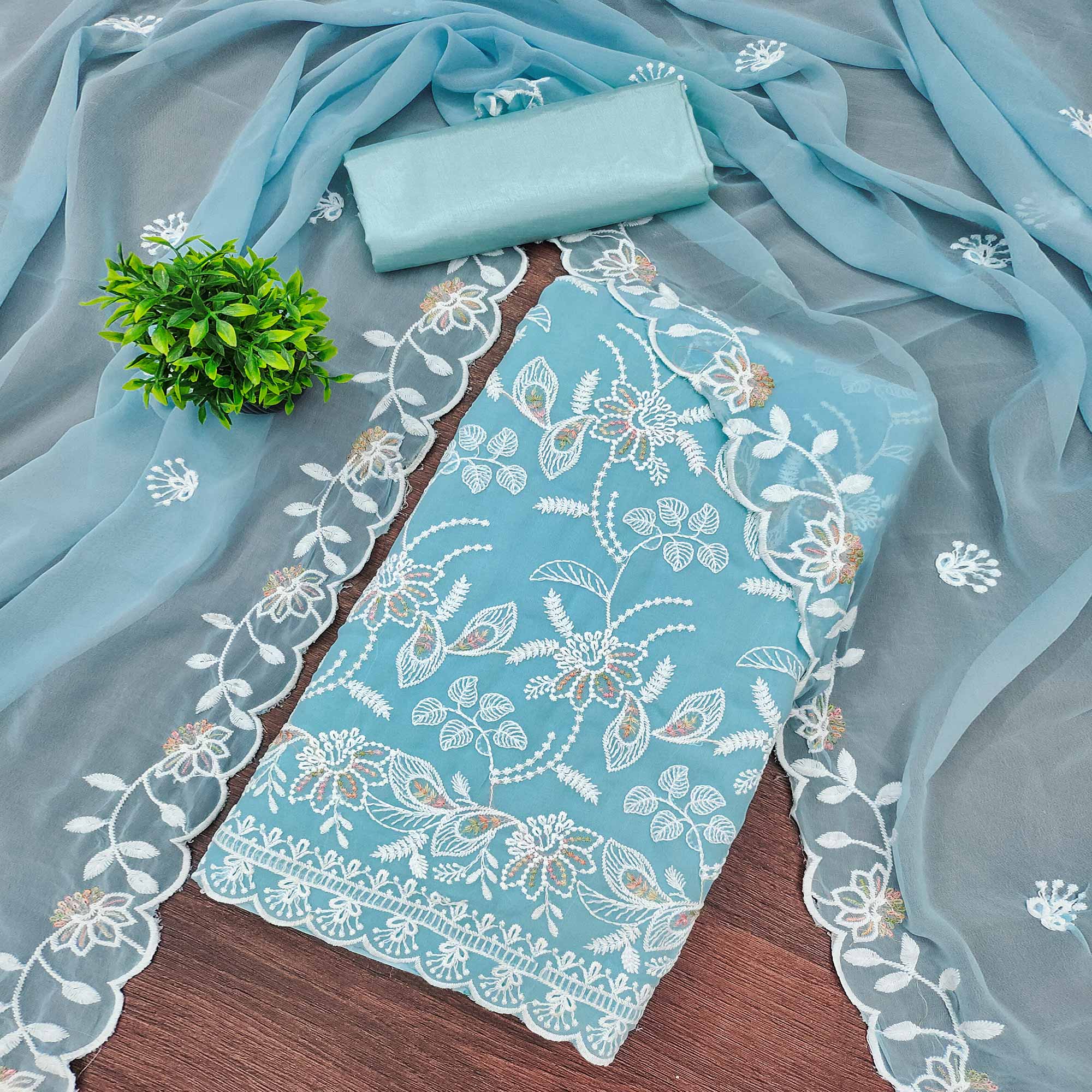 Sky Blue Georgette Dress Material Accented With Floral Thread Work