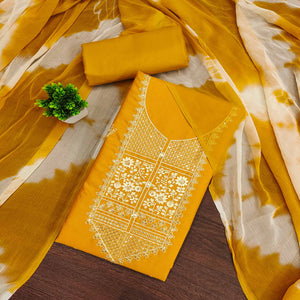 Mustard Floral Thread Embroidered Cotton Blend Dress Material With Sequins Work