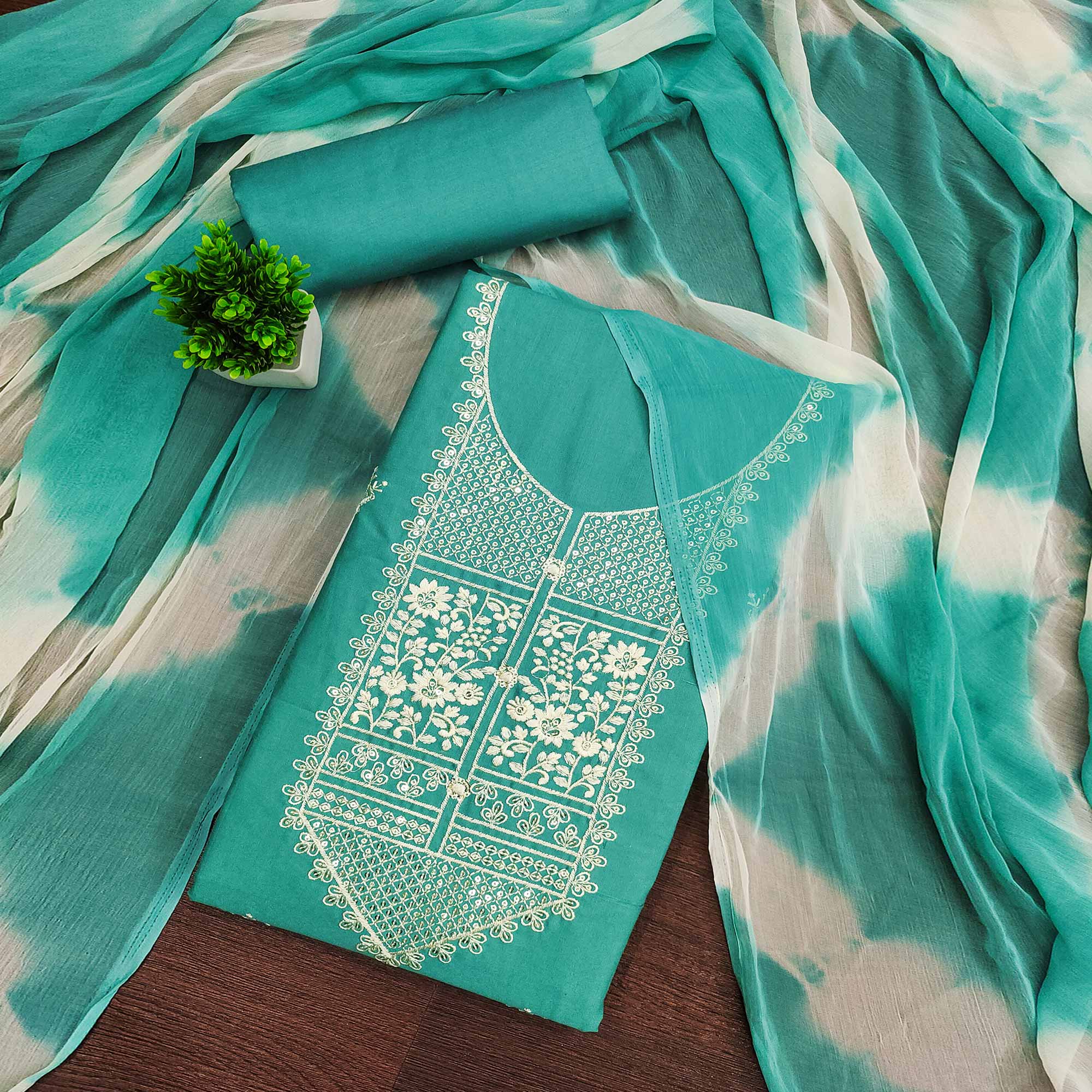 Turquoise Floral Thread Embroidered Cotton Blend Dress Material With Sequins Work