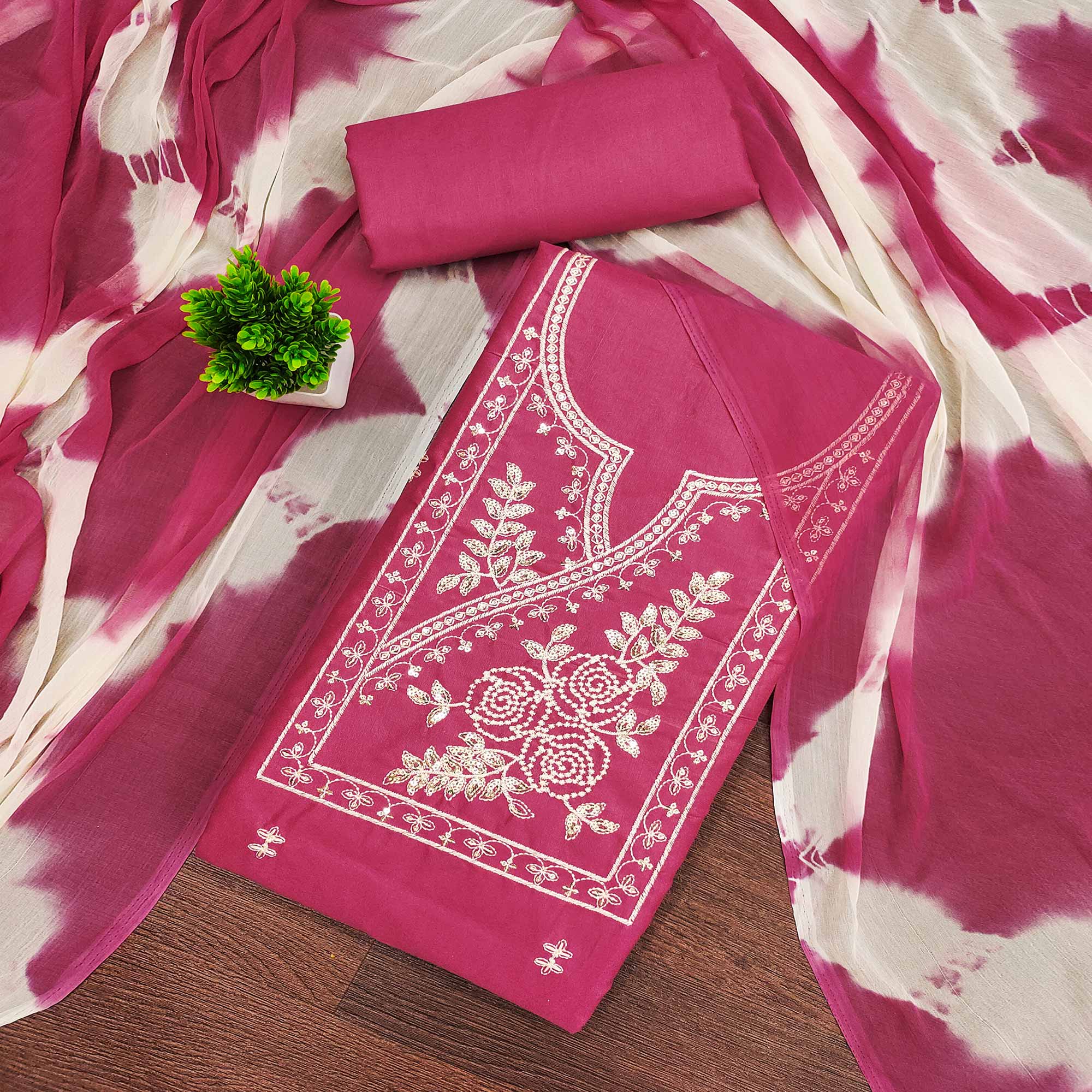 Pink Cotton Blend Dress Material Highlighted With Floral Thread & Sequins Work