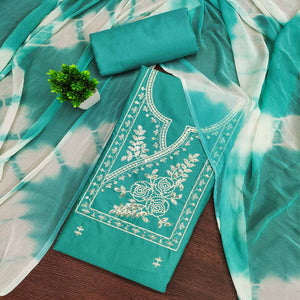 Turquoise Cotton Blend Dress Material Highlighted With Floral Thread & Sequins Work