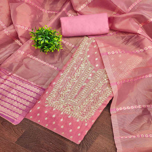 Classic Pink Butti Weaving Shimmer Dress Material Enhanced With Sequins Cording Embroidery