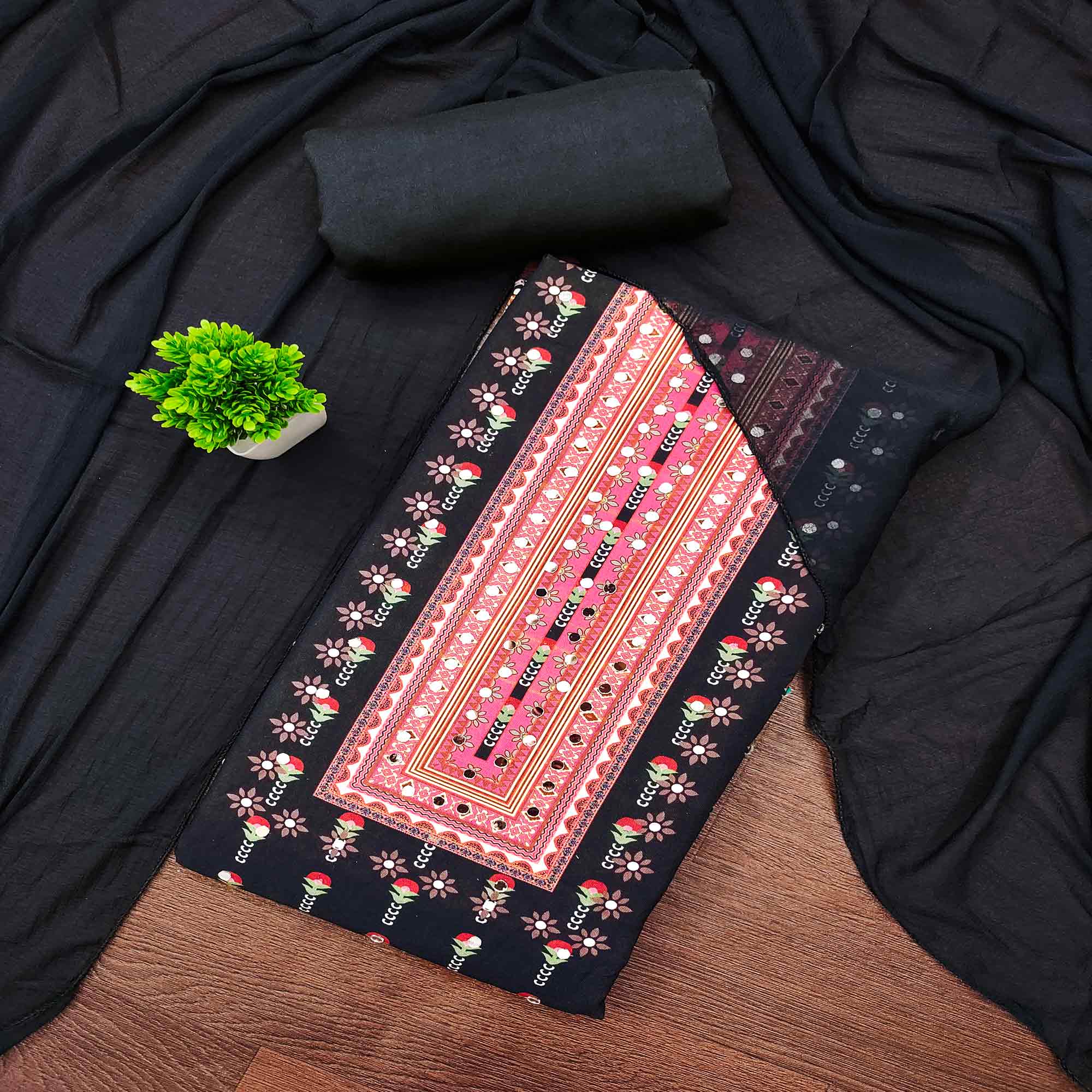 Black Floral Printed Rayon Fabric Set with Decorative Mirror Work for a Festive Look