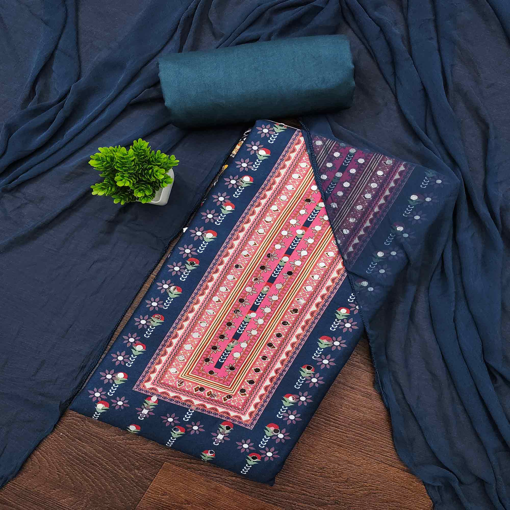 Dark Teal Floral Printed Rayon Fabric Set with Decorative Mirror Work for a Festive Look