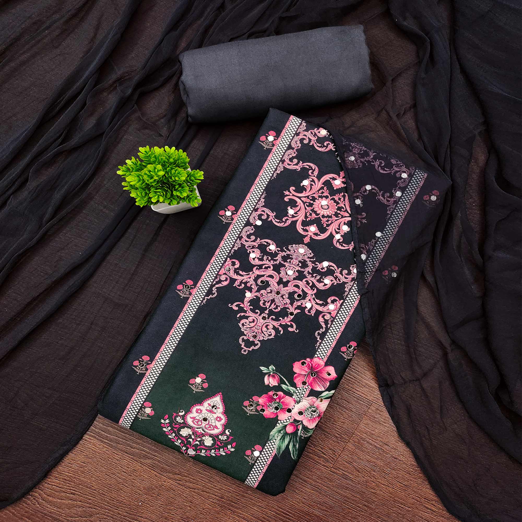 Black & Pink Floral Digital Printed Rayon Dress Material Enhanced With Mirror Work