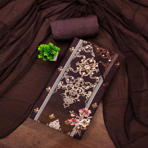 Brown Floral Digital Printed Rayon Dress Material Enhanced With Mirror Work