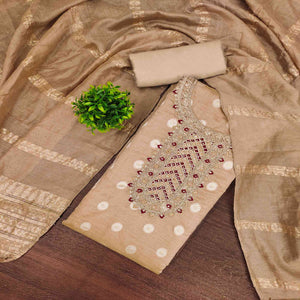 Graceful Light Brown Jacquard Dress Material Featuring Floral Weaving & Sequins Cording Embroidery