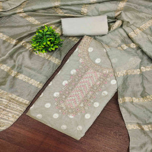 Graceful Sage Green Jacquard Dress Material Featuring Floral Weaving & Sequins Cording Embroidery