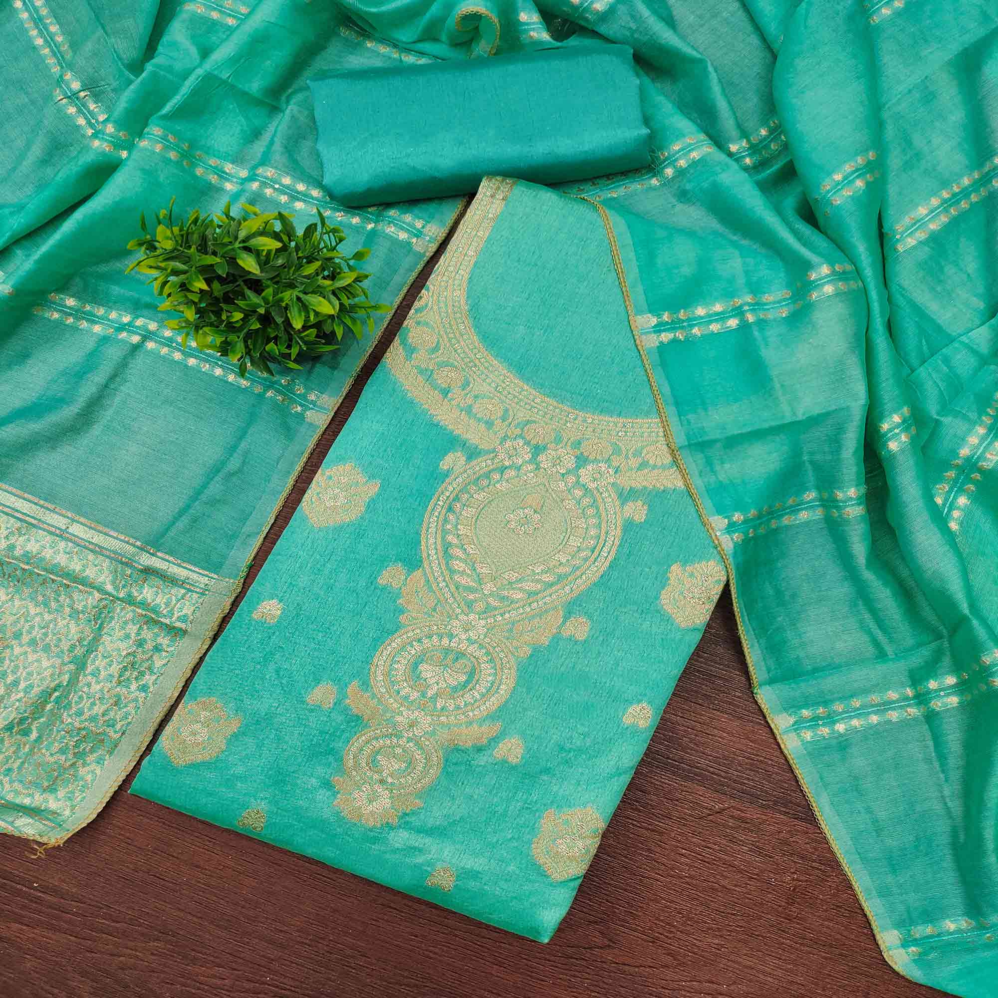 Refined Turquoise Viscose Jacquard Dress Material Featuring Floral Weaving Work