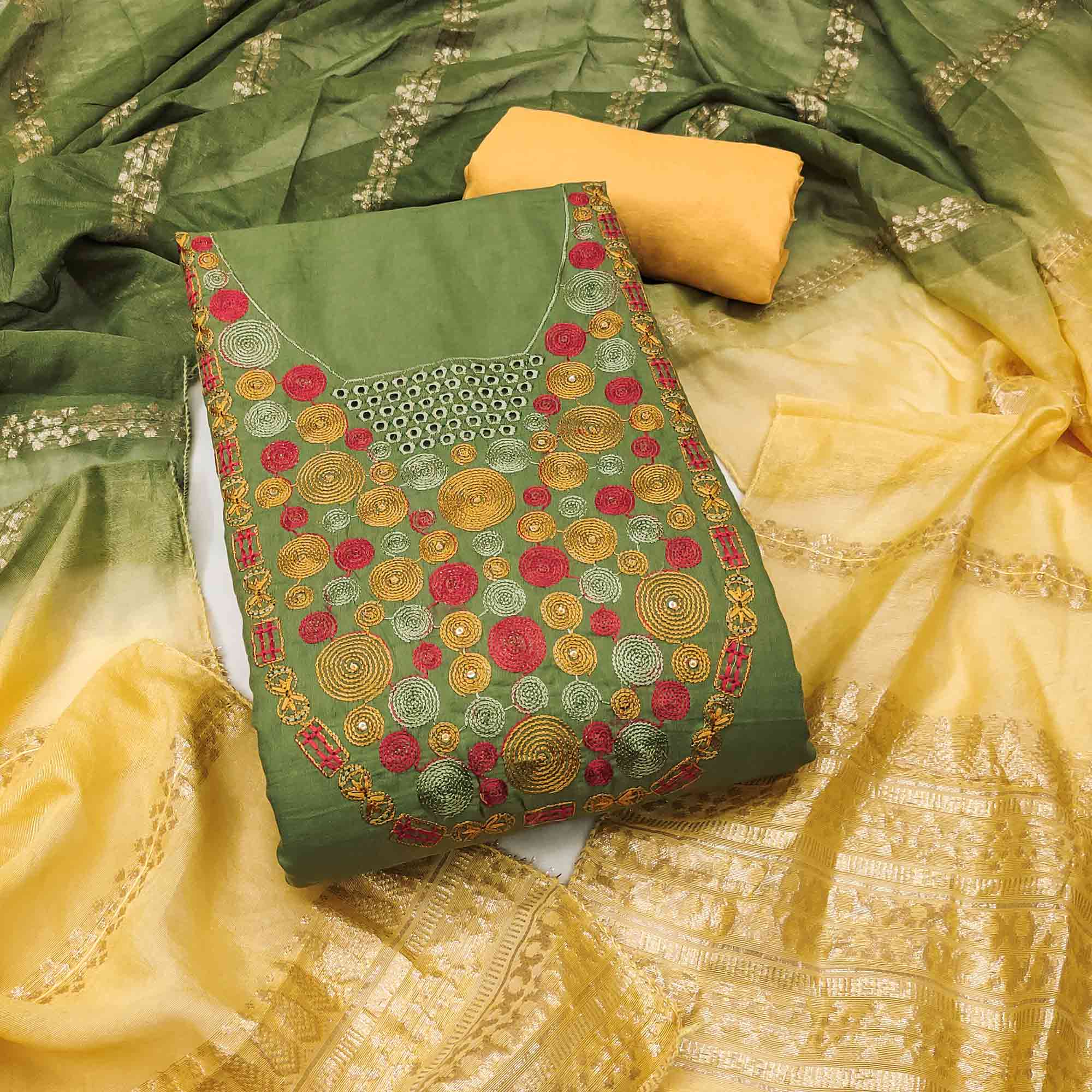 Charming Green Thread Embroidered Cotton Blend Dress Material With Sequins & Gota Patti Accents