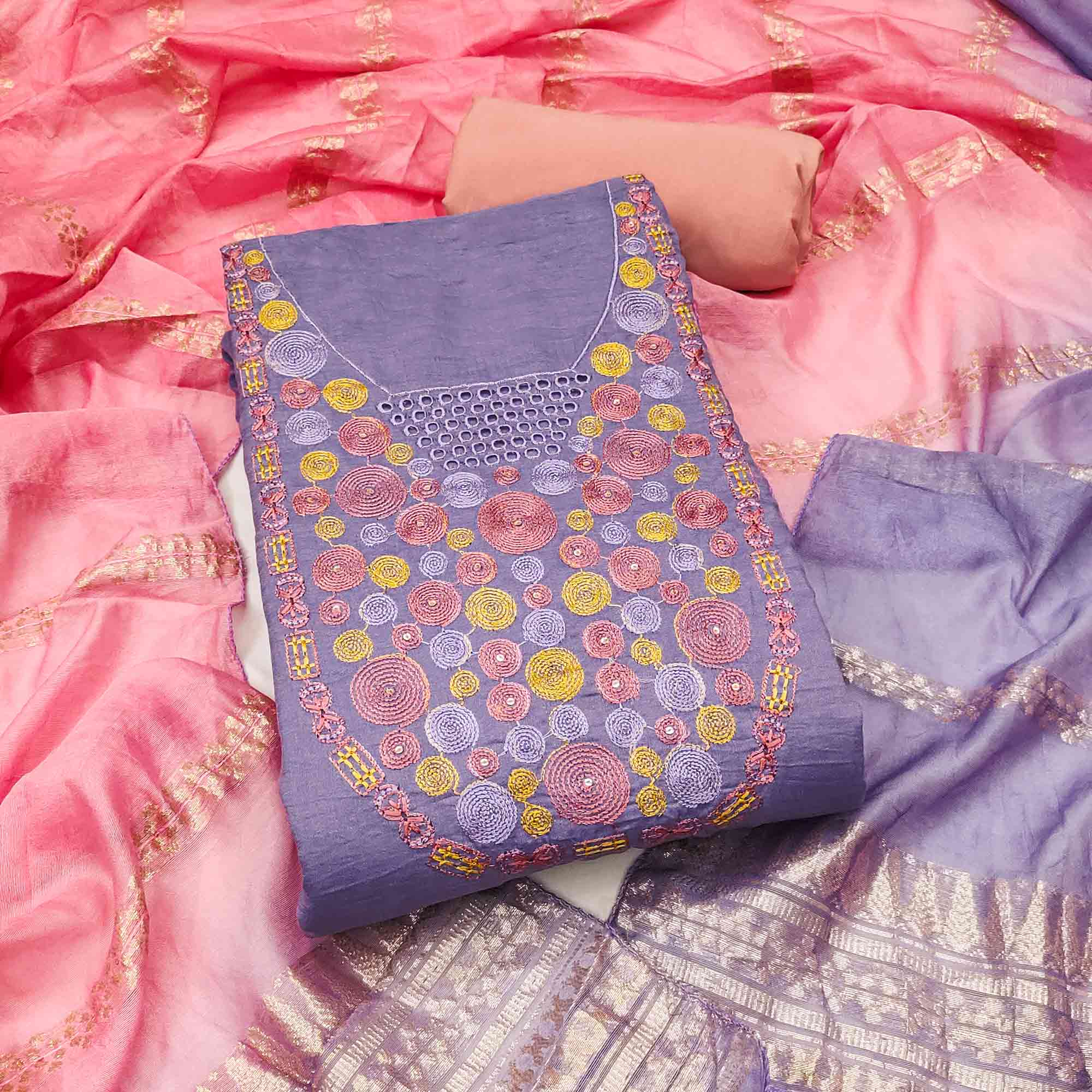 Charming Lavender Thread Embroidered Cotton Blend Dress Material With Sequins & Gota Patti Accents