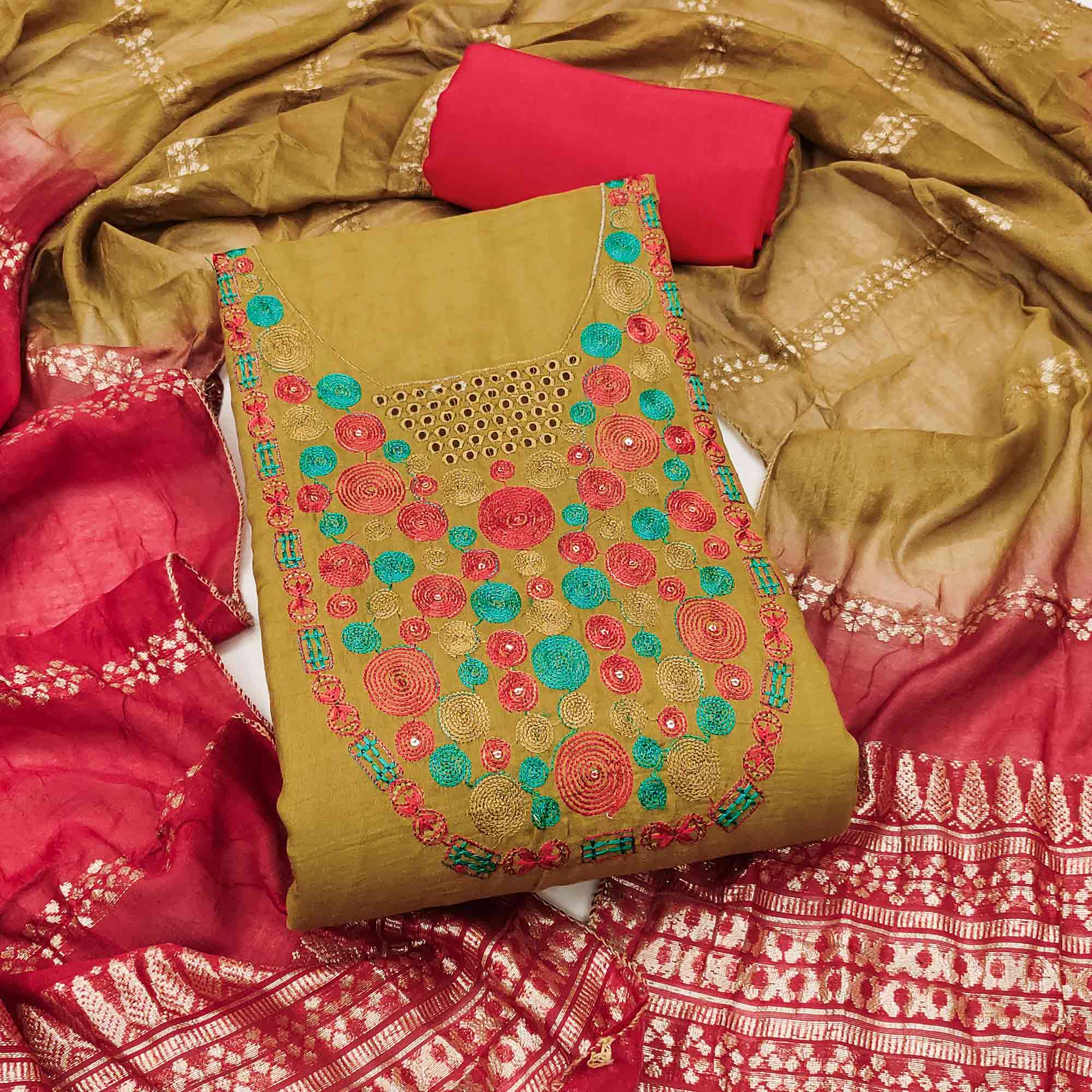 Charming Mustard Thread Embroidered Cotton Blend Dress Material With Sequins & Gota Patti Accents