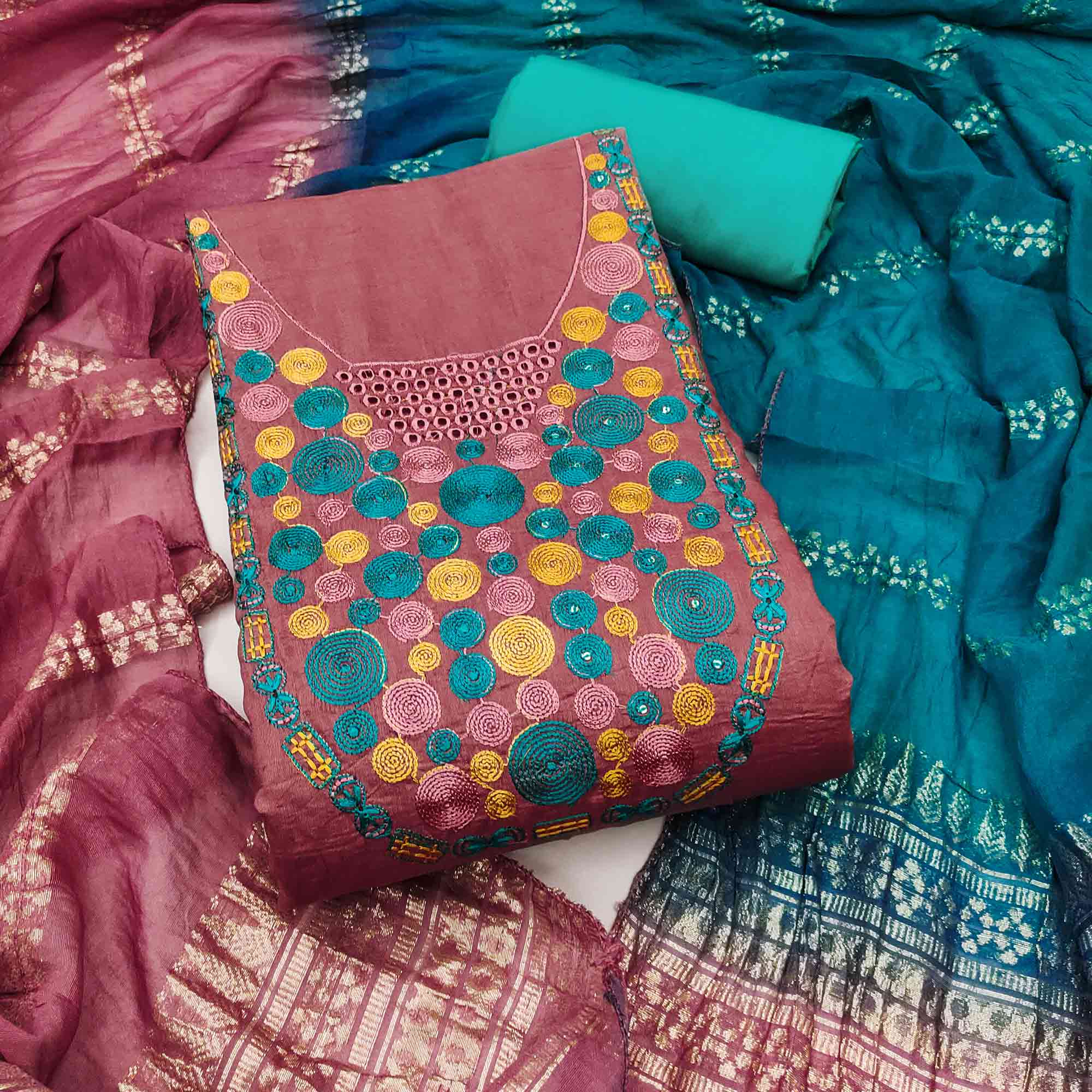 Charming Pink Thread Embroidered Cotton Blend Dress Material With Sequins & Gota Patti Accents