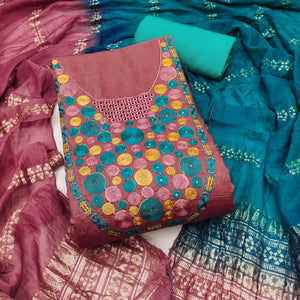 Charming Pink Thread Embroidered Cotton Blend Dress Material With Sequins & Gota Patti Accents