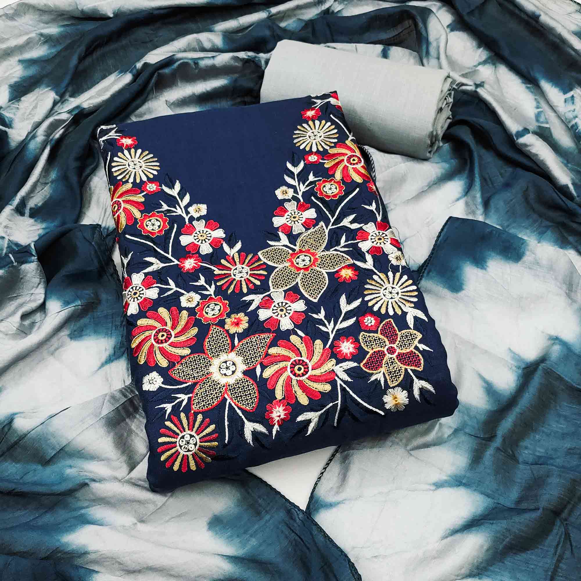 Elegant Blue Floral Thread Embroidered Cotton Blend Dress Material With Gota Patti Work