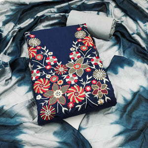 Elegant Blue Floral Thread Embroidered Cotton Blend Dress Material With Gota Patti Work