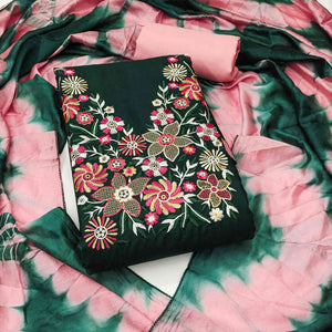 Elegant Green Floral Thread Embroidered Cotton Blend Dress Material With Gota Patti Work