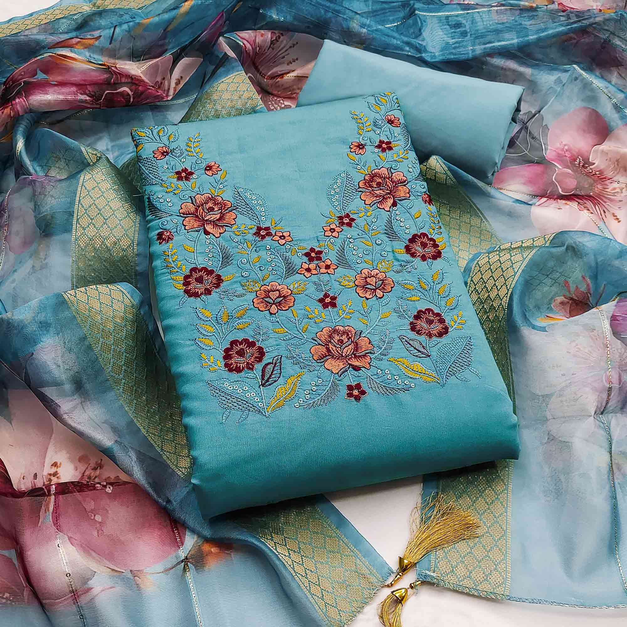 Majestic Blue Bloom Floral Thread & Sequins Embroidered Roman Cotton Silk Dress Material