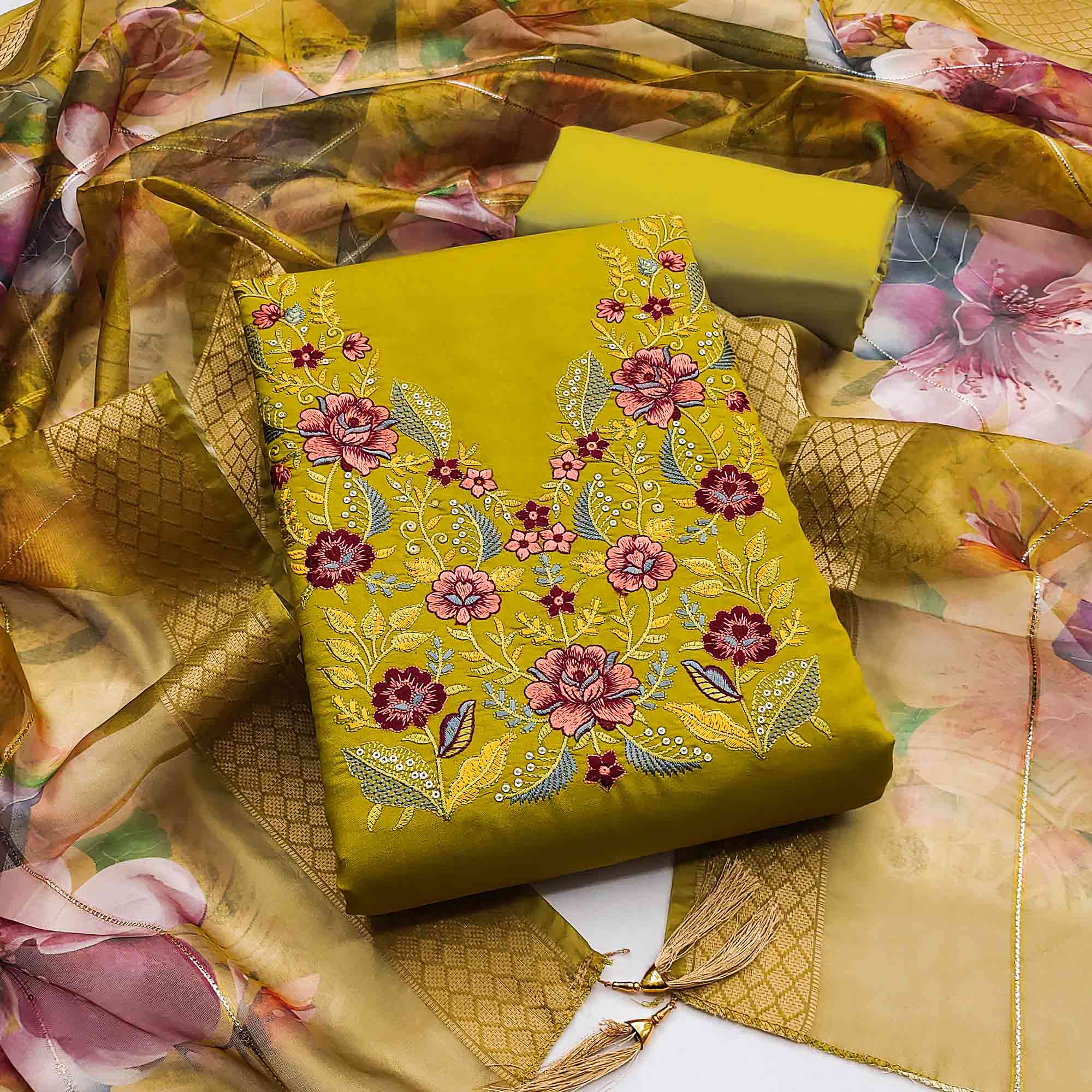 Majestic Green Bloom Floral Thread & Sequins Embroidered Roman Cotton Silk Dress Material