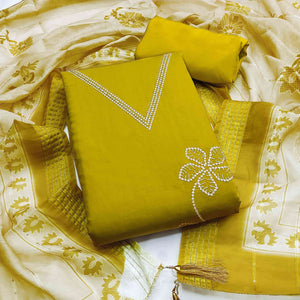 Sophisticated Green Floral Embroidered Roman Cotton Silk Dress Material With Shimmering Sequins