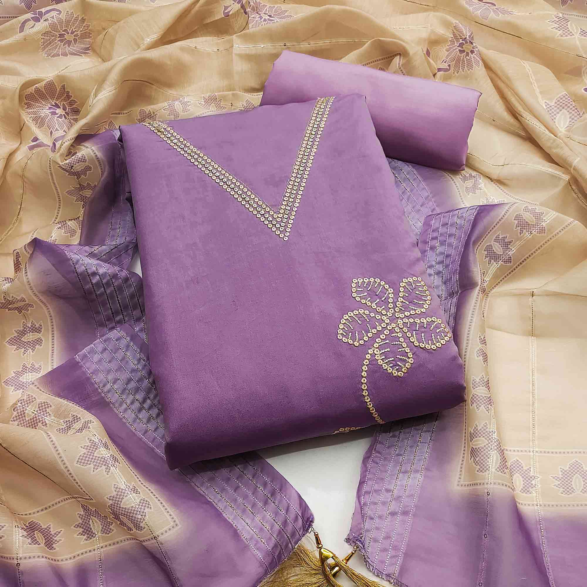 Sophisticated Lavender Floral Embroidered Roman Cotton Silk Dress Material With Shimmering Sequins