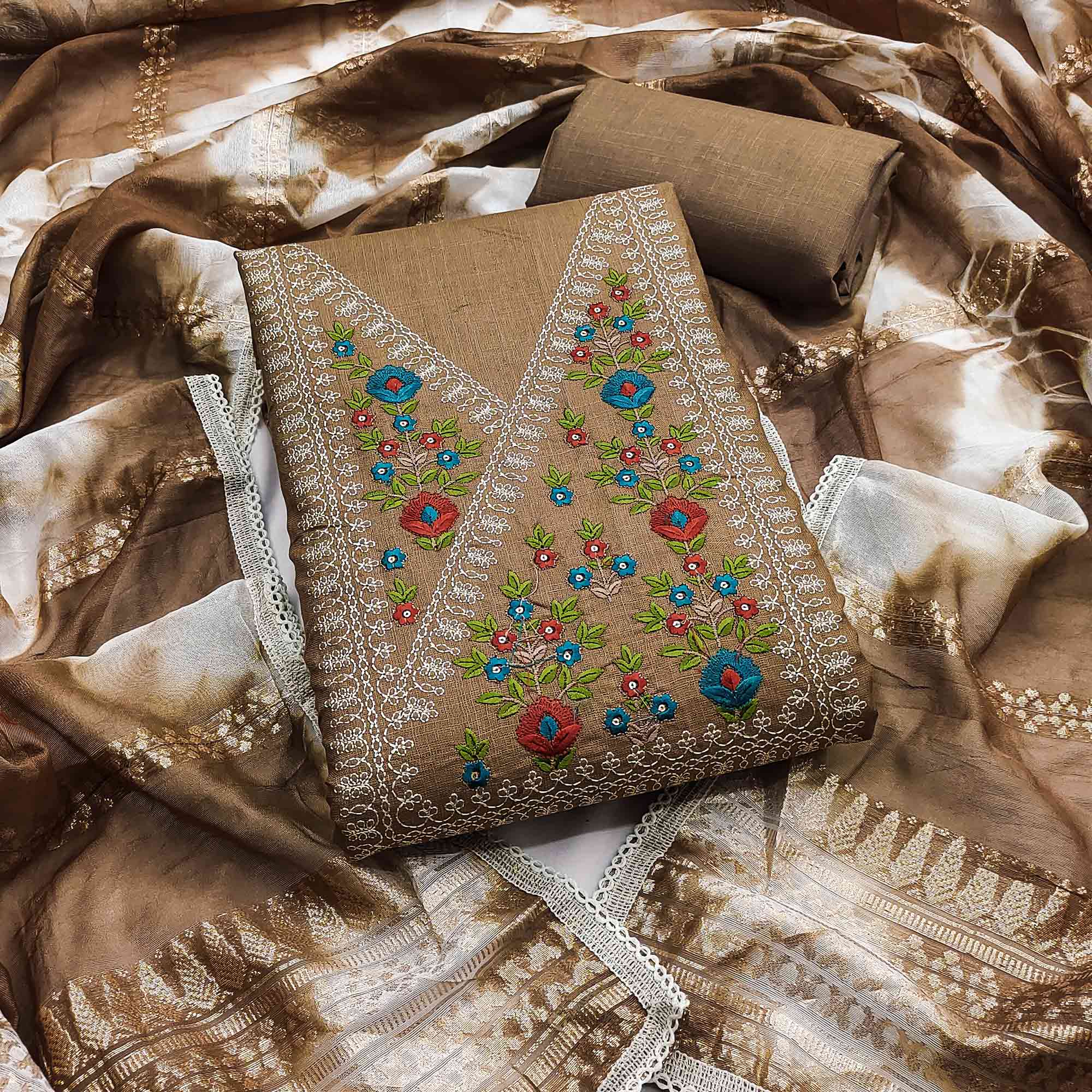 Opulent Grace Brown Cotton Blend Dress Material Adorned With Floral Thread & Sequins Work