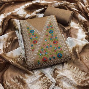 Opulent Grace Brown Cotton Blend Dress Material Adorned With Floral Thread & Sequins Work