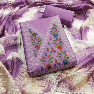 Opulent Grace Lavender Cotton Blend Dress Material Adorned With Floral Thread & Sequins Work