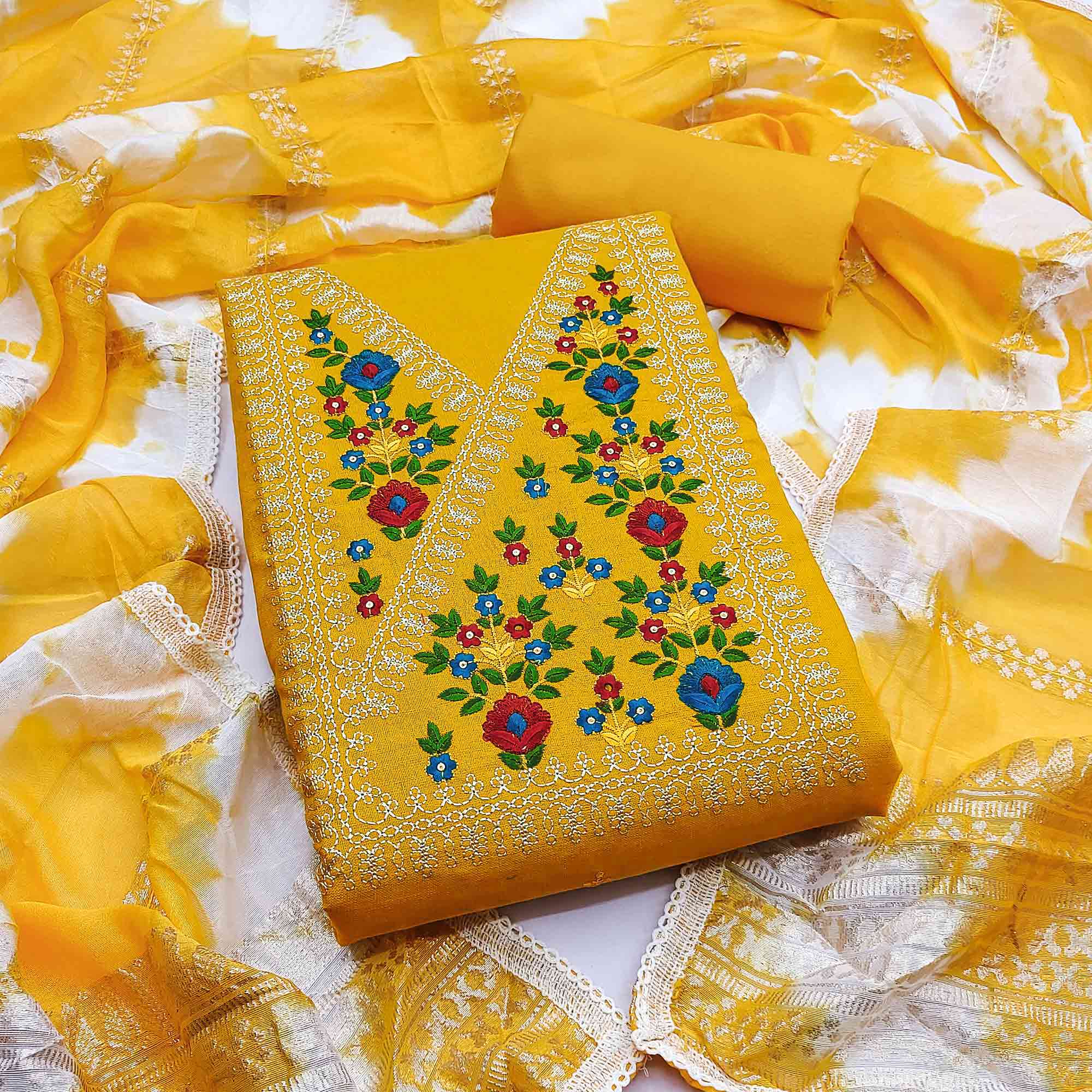 Opulent Grace Yellow Cotton Blend Dress Material Adorned With Floral Thread & Sequins Work