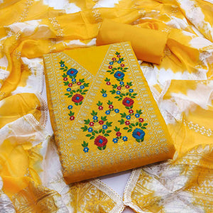 Opulent Grace Yellow Cotton Blend Dress Material Adorned With Floral Thread & Sequins Work