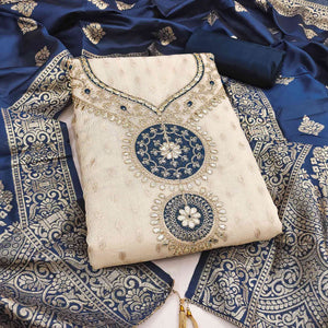 Cream & Blue Shimmer Dress Material Featuring Intricate Zari Weaving With Cording Embroidery
