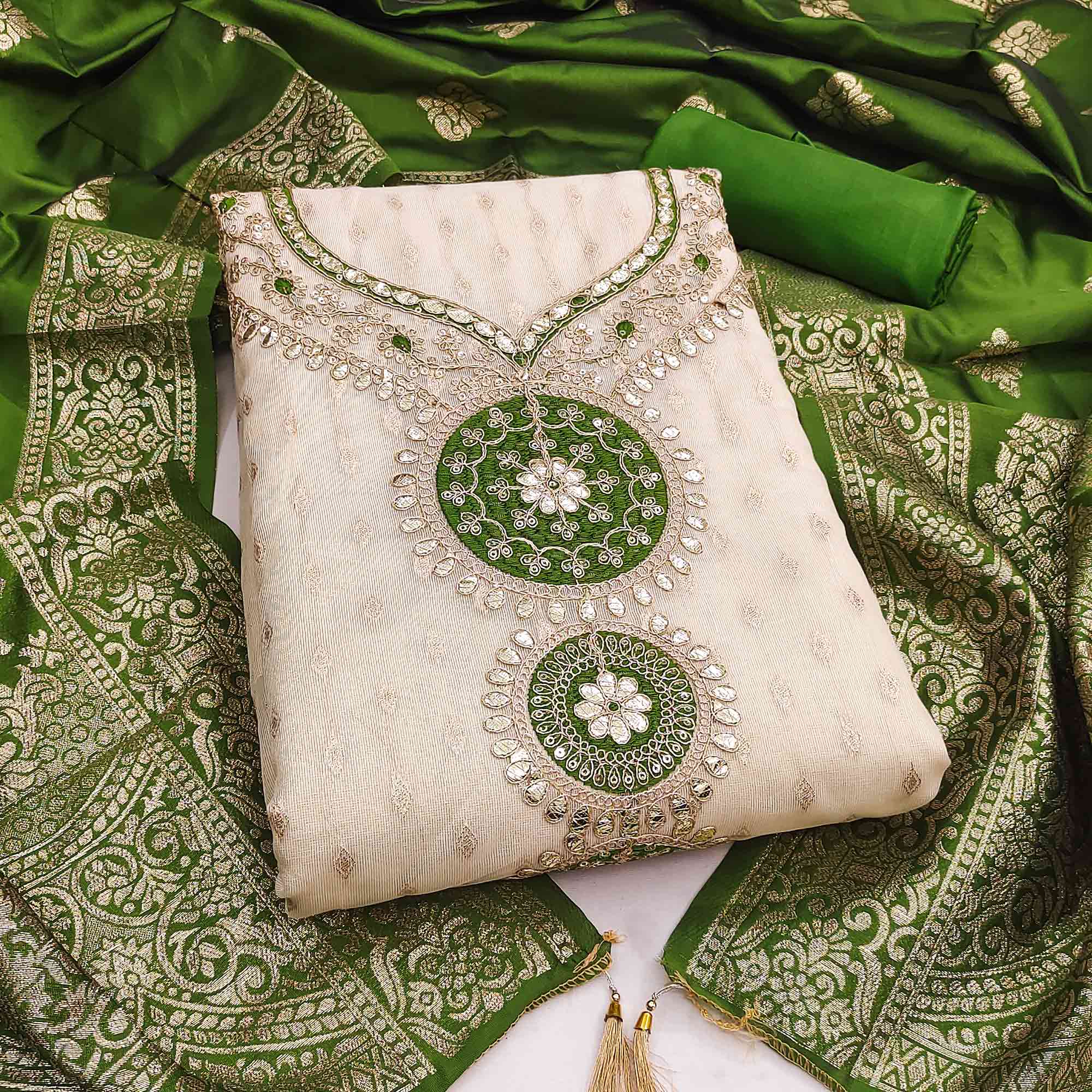 Cream & Green Shimmer Dress Material Featuring Intricate Zari Weaving With Cording Embroidery