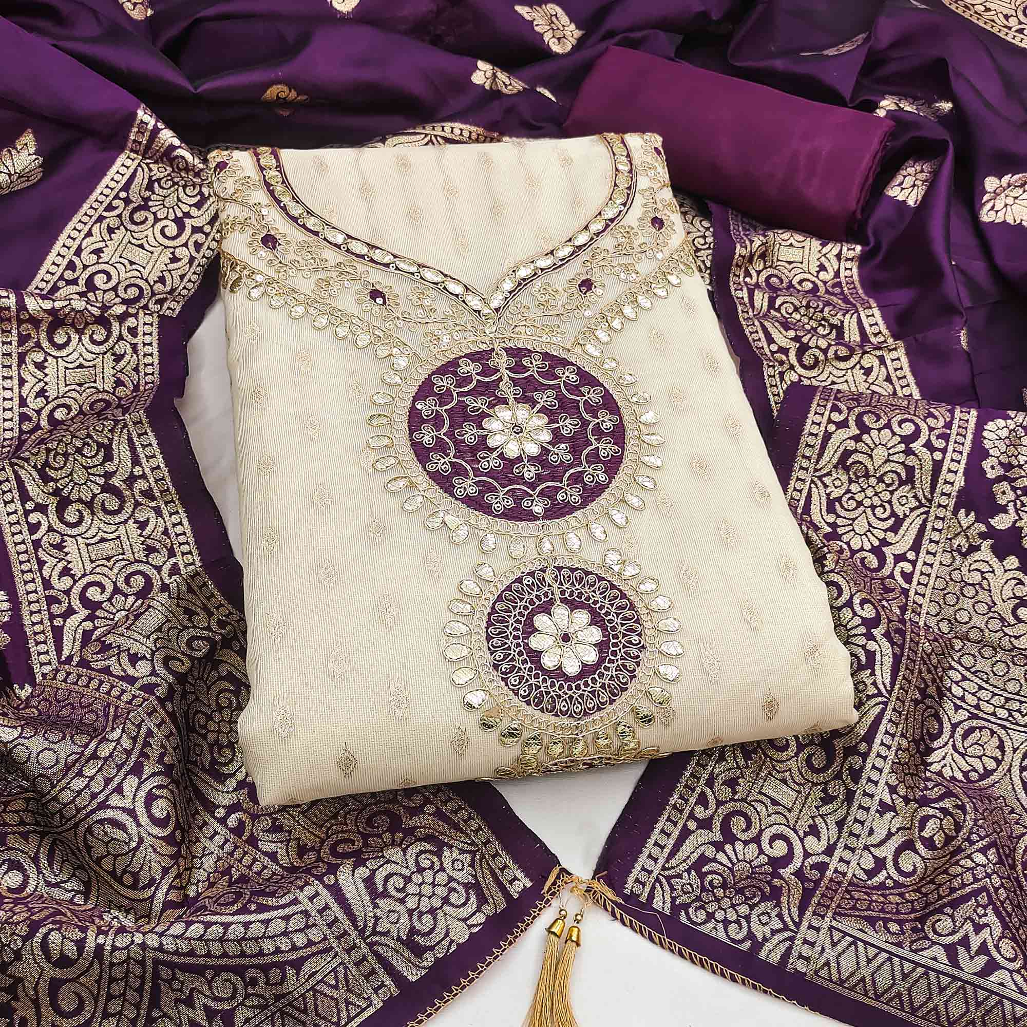 Cream & Purple Shimmer Dress Material Featuring Intricate Zari Weaving With Cording Embroidery